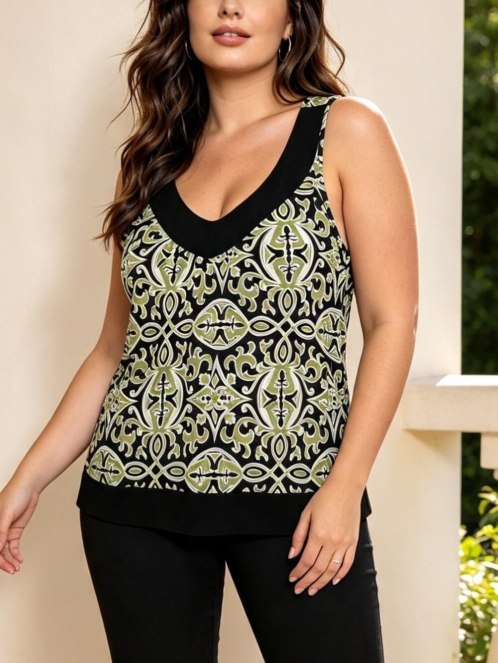 Reitmans Women's 2X Printed V-Neck Tank Top Abstract